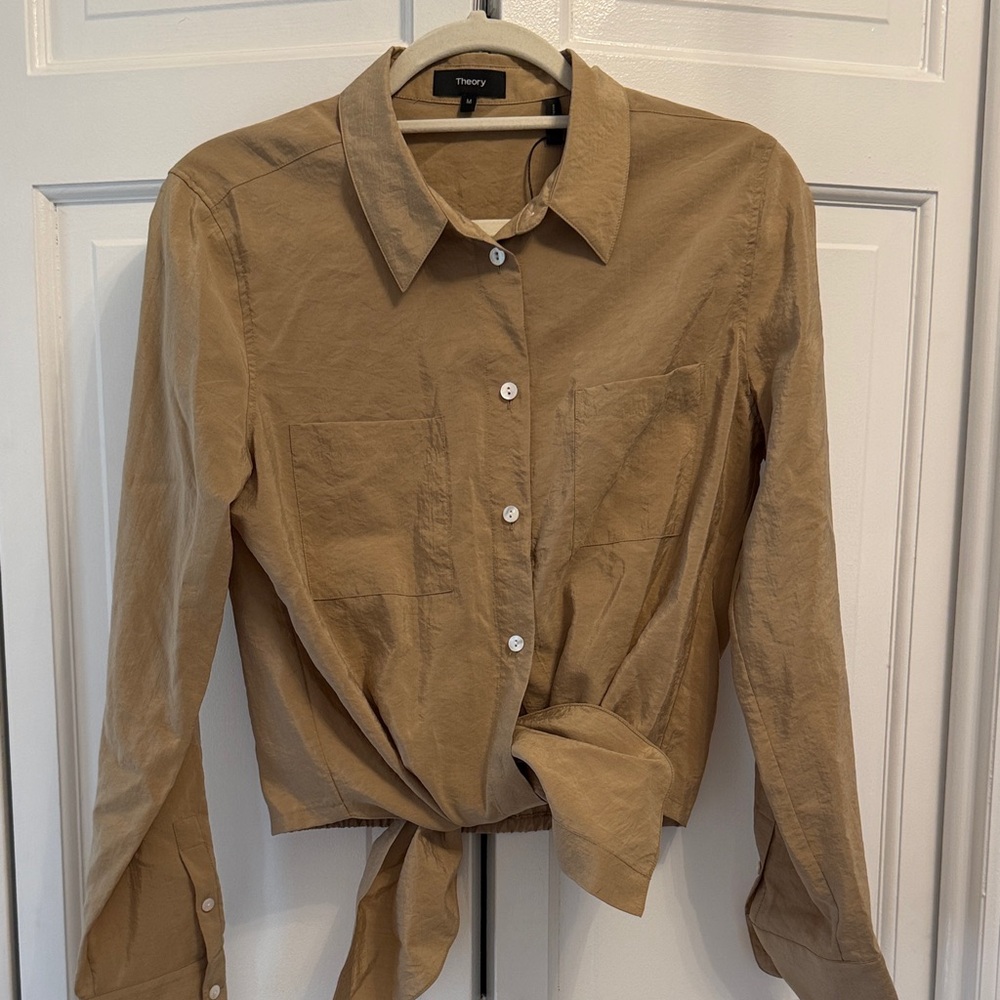 Theory Women's Tie-Front Button-Down Shirt in Camel